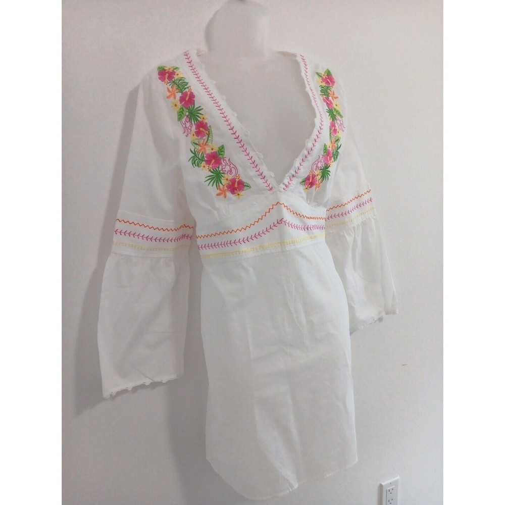 NEW Boho Tunic Mini Dress Womens XL White Cotton Pink Embroidery DEEP V Beachy - Picture 4 of 13